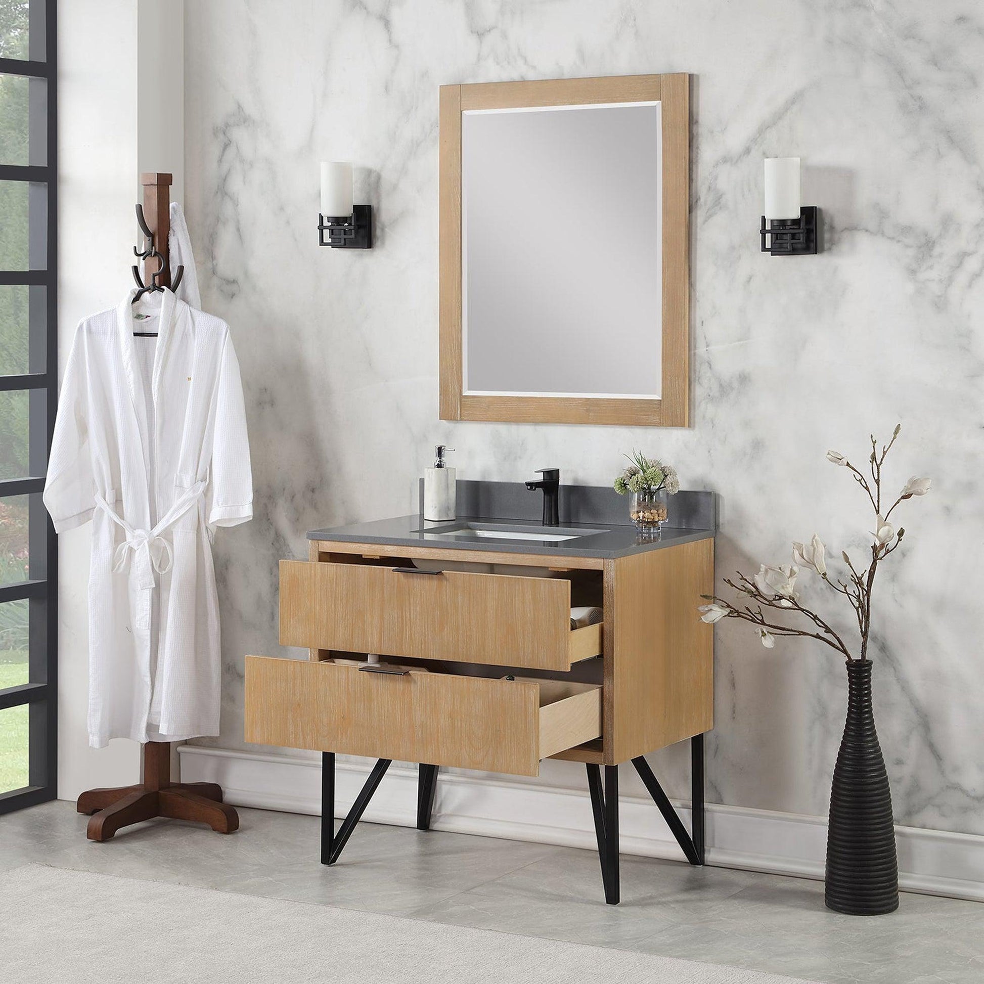 Altair Helios 36" Weathered Pine Freestanding Single Bathroom Vanity Set With Mirror, Concrete Gray Composite Stone Top, Single Rectangular Undermount Ceramic Sink, Overflow, and Backsplash