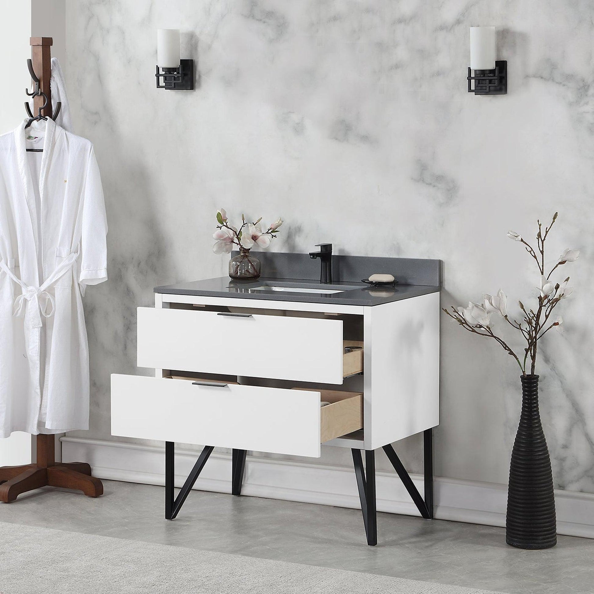 Altair Helios 36" White Freestanding Single Bathroom Vanity Set With Concrete Gray Composite Stone Top, Single Rectangular Undermount Ceramic Sink, Overflow, and Backsplash