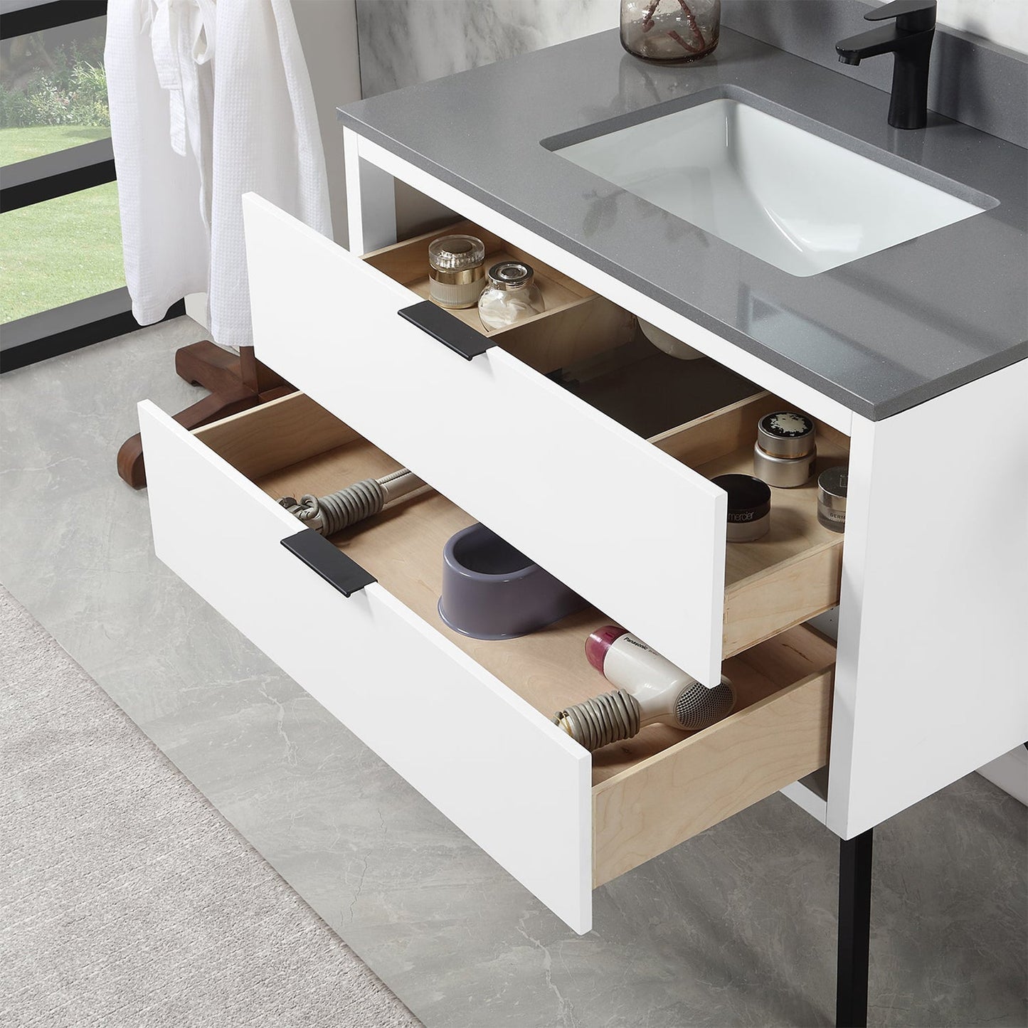 Altair Helios 36" White Freestanding Single Bathroom Vanity Set With Concrete Gray Composite Stone Top, Single Rectangular Undermount Ceramic Sink, Overflow, and Backsplash