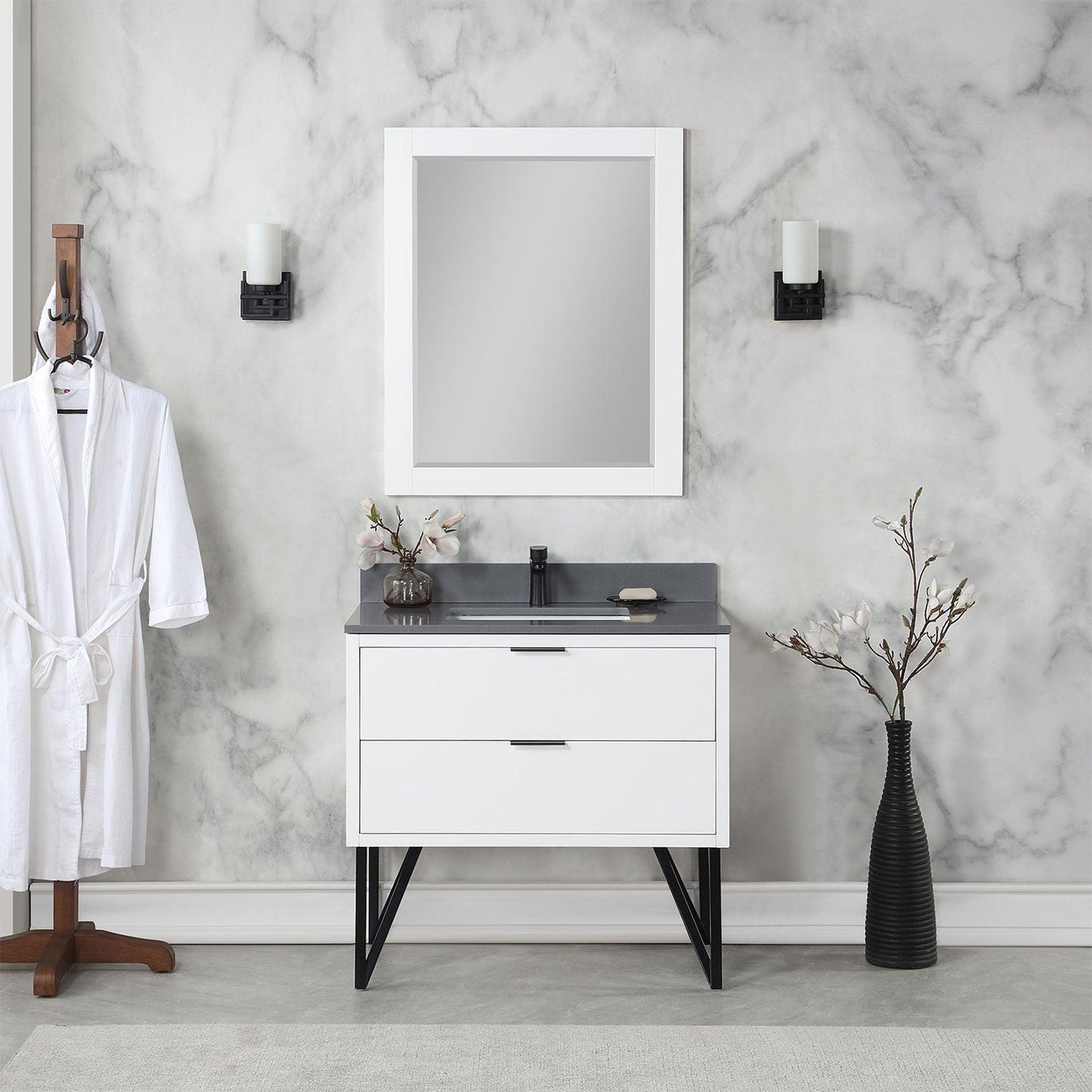 Altair Helios 36" White Freestanding Single Bathroom Vanity Set With Mirror, Concrete Gray Composite Stone Top, Single Rectangular Undermount Ceramic Sink, Overflow, and Backsplash