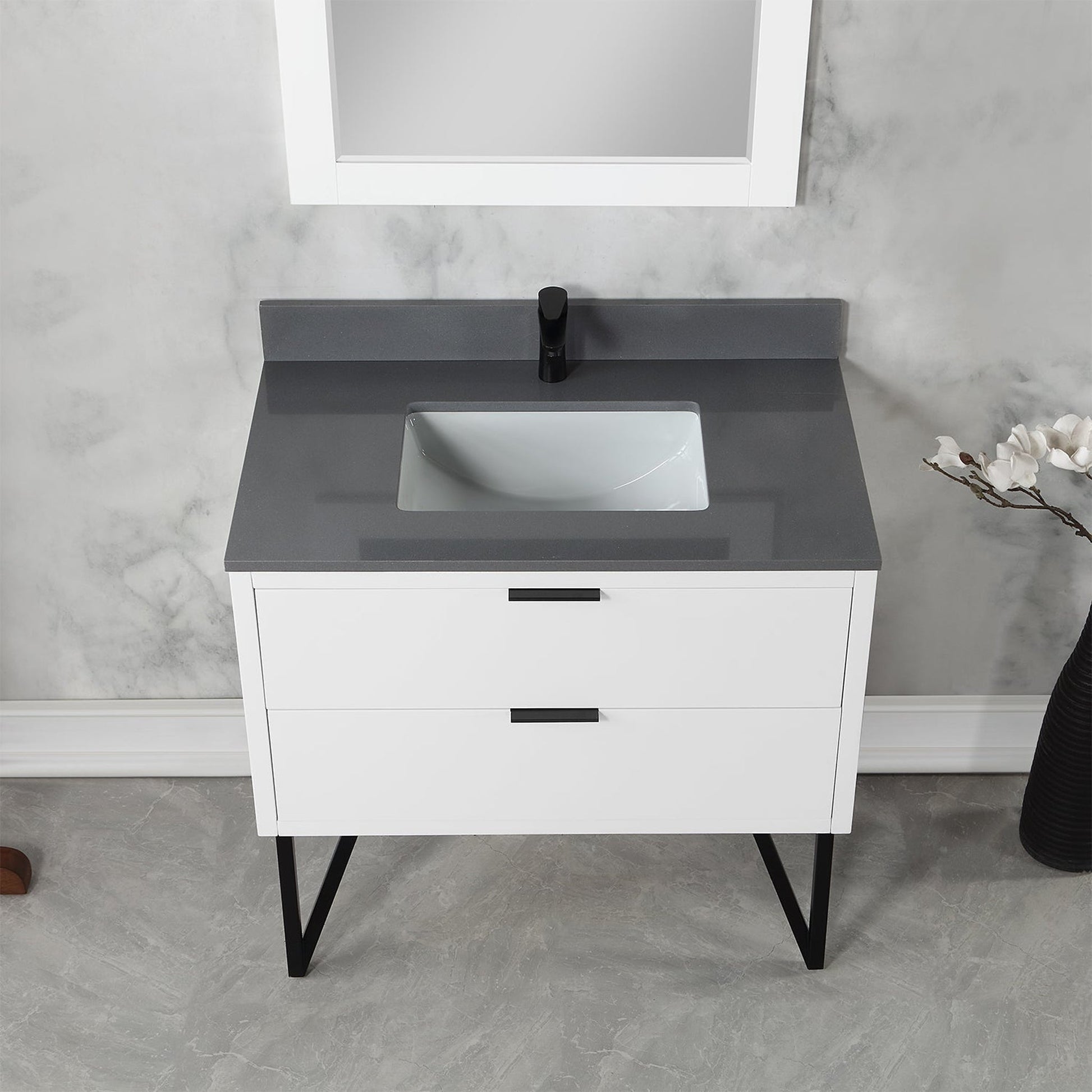 Altair Helios 36" White Freestanding Single Bathroom Vanity Set With Mirror, Concrete Gray Composite Stone Top, Single Rectangular Undermount Ceramic Sink, Overflow, and Backsplash