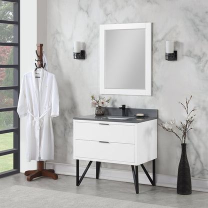 Altair Helios 36" White Freestanding Single Bathroom Vanity Set With Mirror, Concrete Gray Composite Stone Top, Single Rectangular Undermount Ceramic Sink, Overflow, and Backsplash