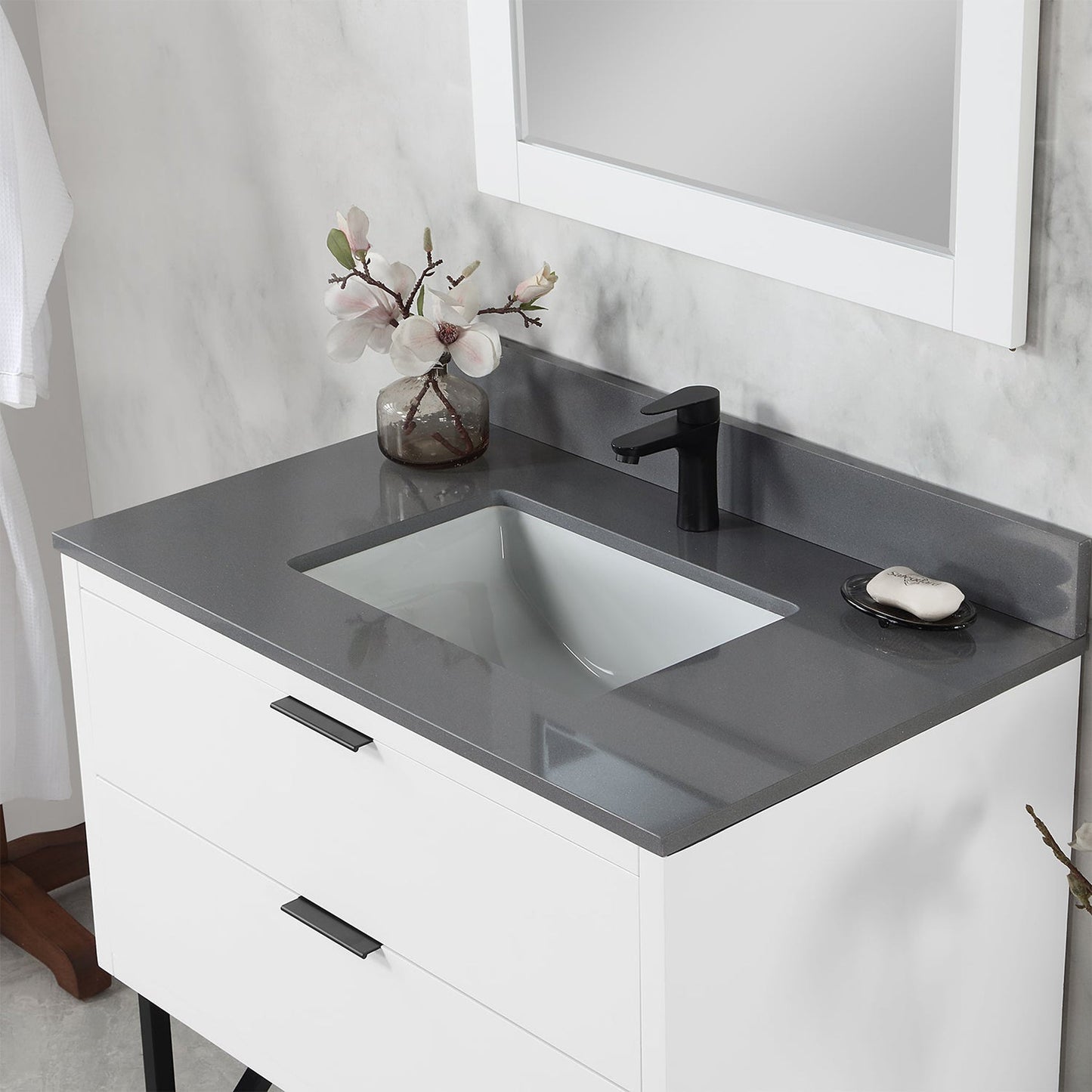 Altair Helios 36" White Freestanding Single Bathroom Vanity Set With Mirror, Concrete Gray Composite Stone Top, Single Rectangular Undermount Ceramic Sink, Overflow, and Backsplash