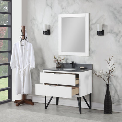 Altair Helios 36" White Freestanding Single Bathroom Vanity Set With Mirror, Concrete Gray Composite Stone Top, Single Rectangular Undermount Ceramic Sink, Overflow, and Backsplash