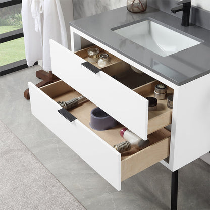 Altair Helios 36" White Freestanding Single Bathroom Vanity Set With Mirror, Concrete Gray Composite Stone Top, Single Rectangular Undermount Ceramic Sink, Overflow, and Backsplash