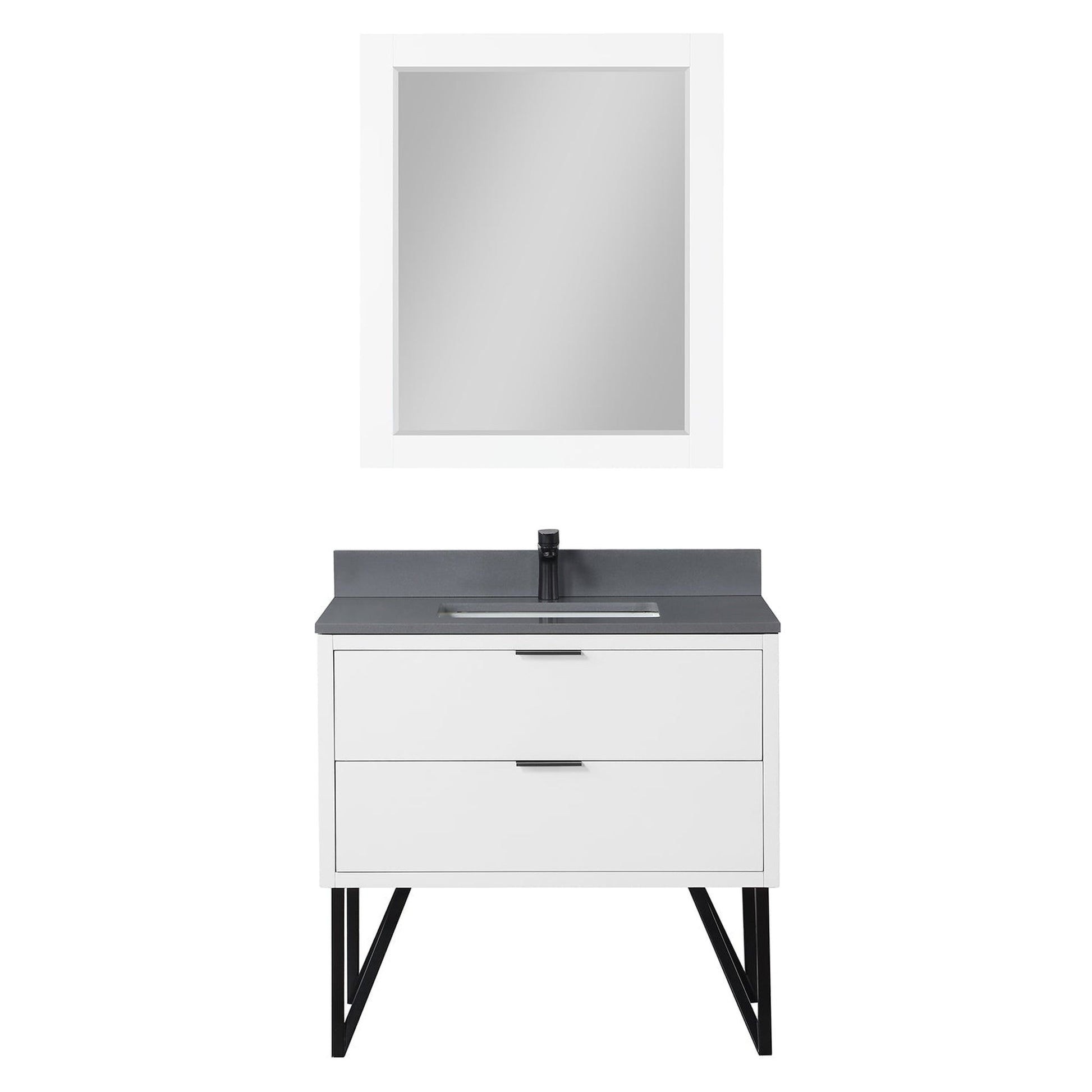 Altair Helios 36" White Freestanding Single Bathroom Vanity Set With Mirror, Concrete Gray Composite Stone Top, Single Rectangular Undermount Ceramic Sink, Overflow, and Backsplash