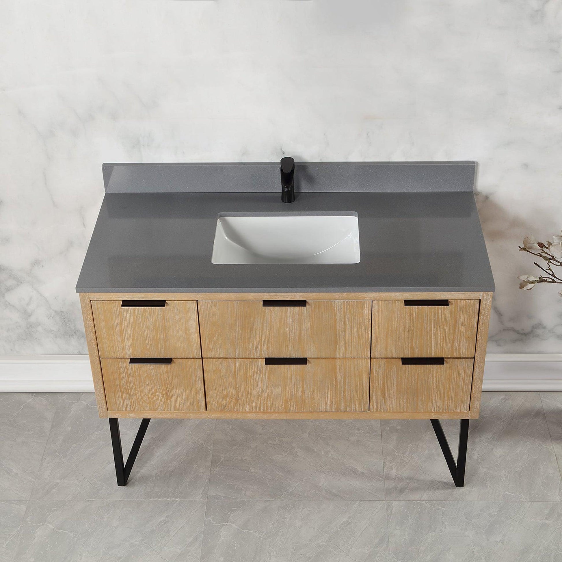 Altair Helios 48" Weathered Pine Freestanding Single Bathroom Vanity Set With Concrete Gray Composite Stone Top, Single Rectangular Undermount Ceramic Sink, Overflow, and Backsplash