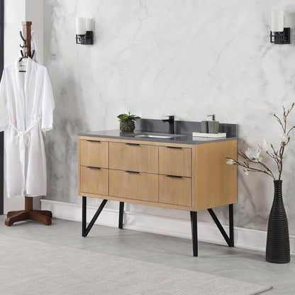 Altair Helios 48" Weathered Pine Freestanding Single Bathroom Vanity Set With Concrete Gray Composite Stone Top, Single Rectangular Undermount Ceramic Sink, Overflow, and Backsplash