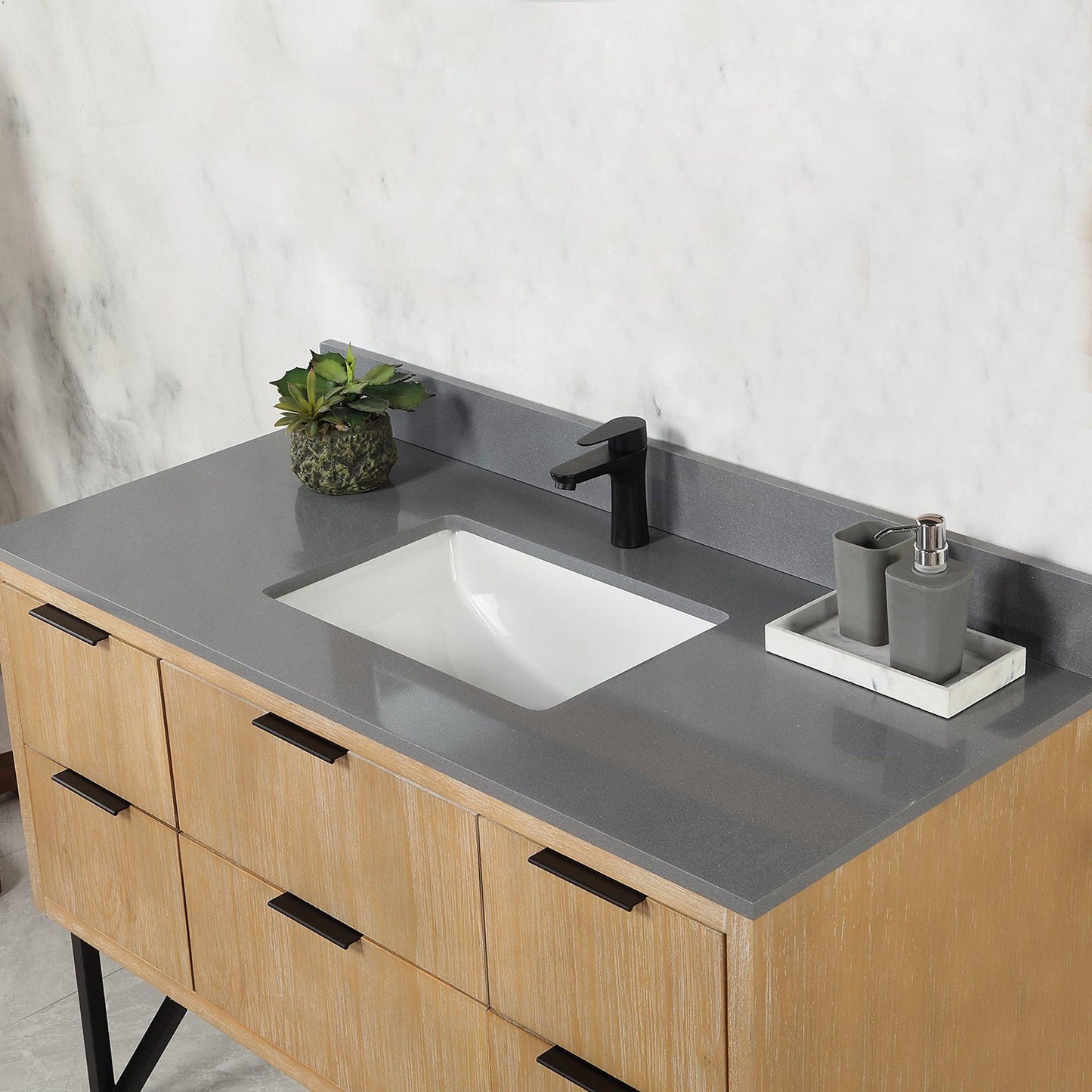 Altair Helios 48" Weathered Pine Freestanding Single Bathroom Vanity Set With Concrete Gray Composite Stone Top, Single Rectangular Undermount Ceramic Sink, Overflow, and Backsplash