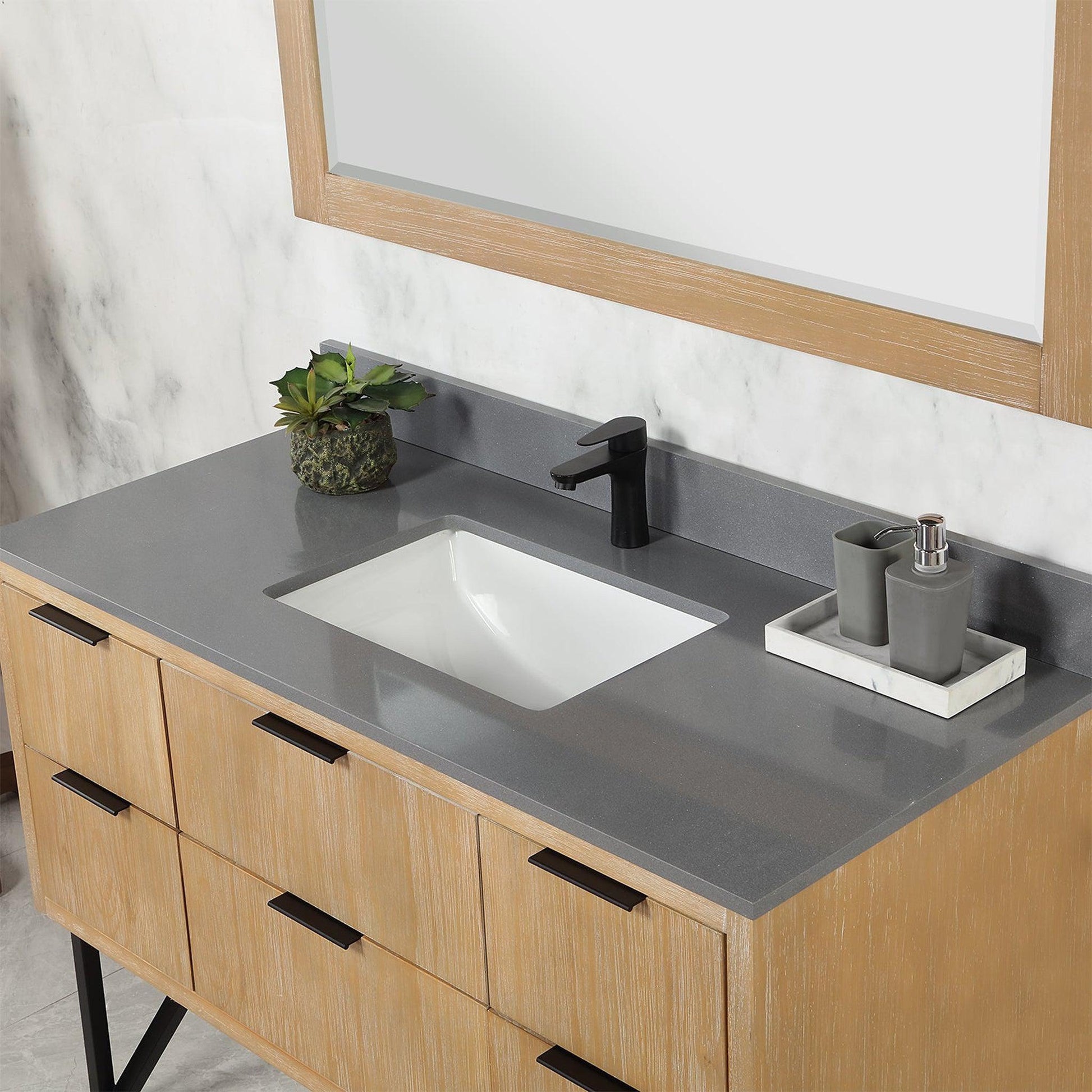 Altair Helios 48" Weathered Pine Freestanding Single Bathroom Vanity Set With Mirror, Concrete Gray Composite Stone Top, Single Rectangular Undermount Ceramic Sink, Overflow, and Backsplash