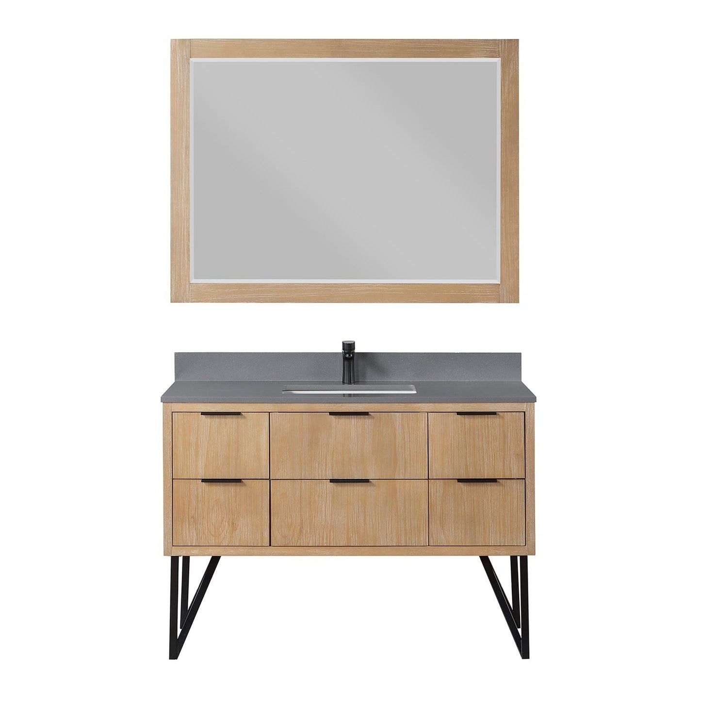 Altair Helios 48" Weathered Pine Freestanding Single Bathroom Vanity Set With Mirror, Concrete Gray Composite Stone Top, Single Rectangular Undermount Ceramic Sink, Overflow, and Backsplash