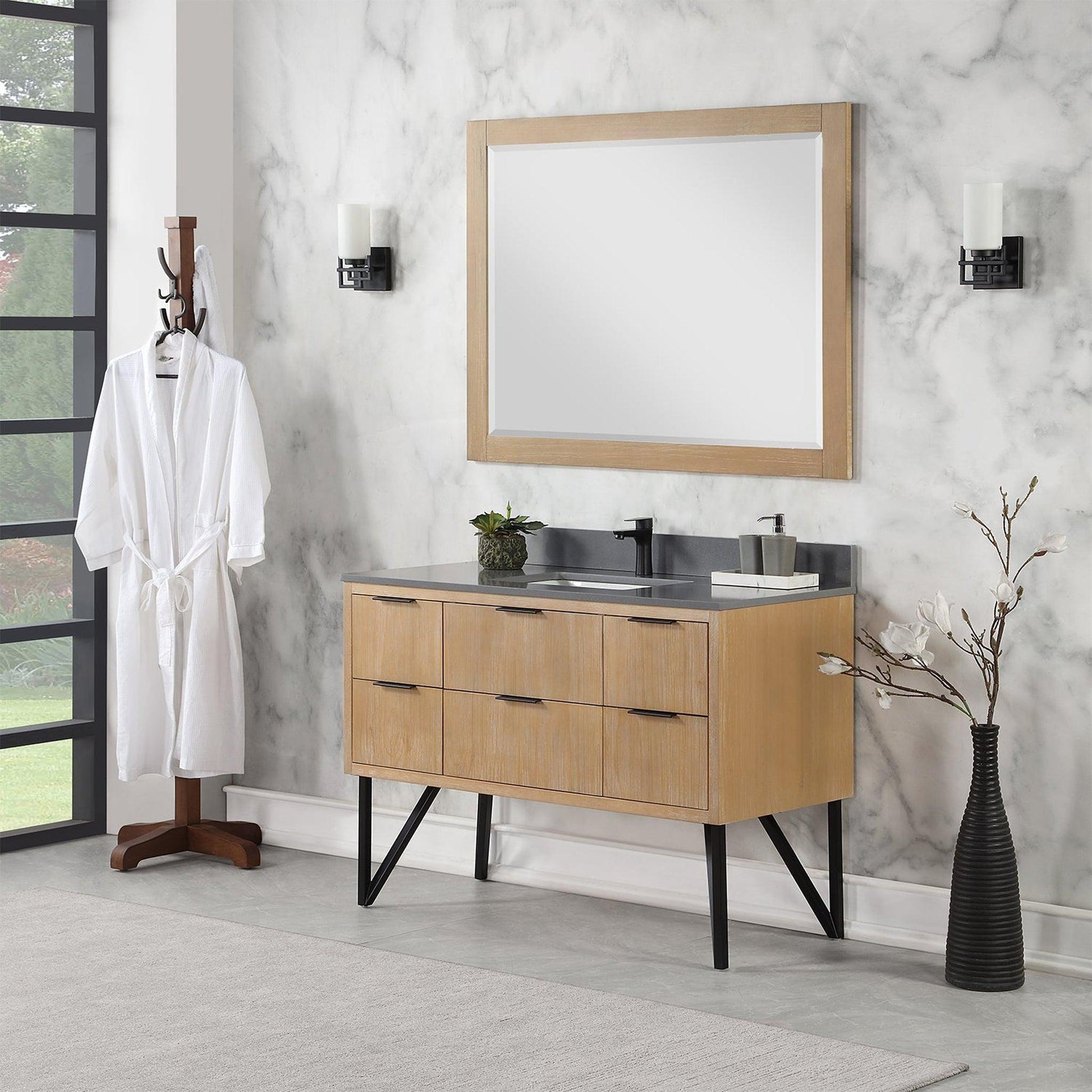 Altair Helios 48" Weathered Pine Freestanding Single Bathroom Vanity Set With Mirror, Concrete Gray Composite Stone Top, Single Rectangular Undermount Ceramic Sink, Overflow, and Backsplash