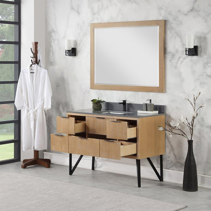 Altair Helios 48" Weathered Pine Freestanding Single Bathroom Vanity Set With Mirror, Concrete Gray Composite Stone Top, Single Rectangular Undermount Ceramic Sink, Overflow, and Backsplash