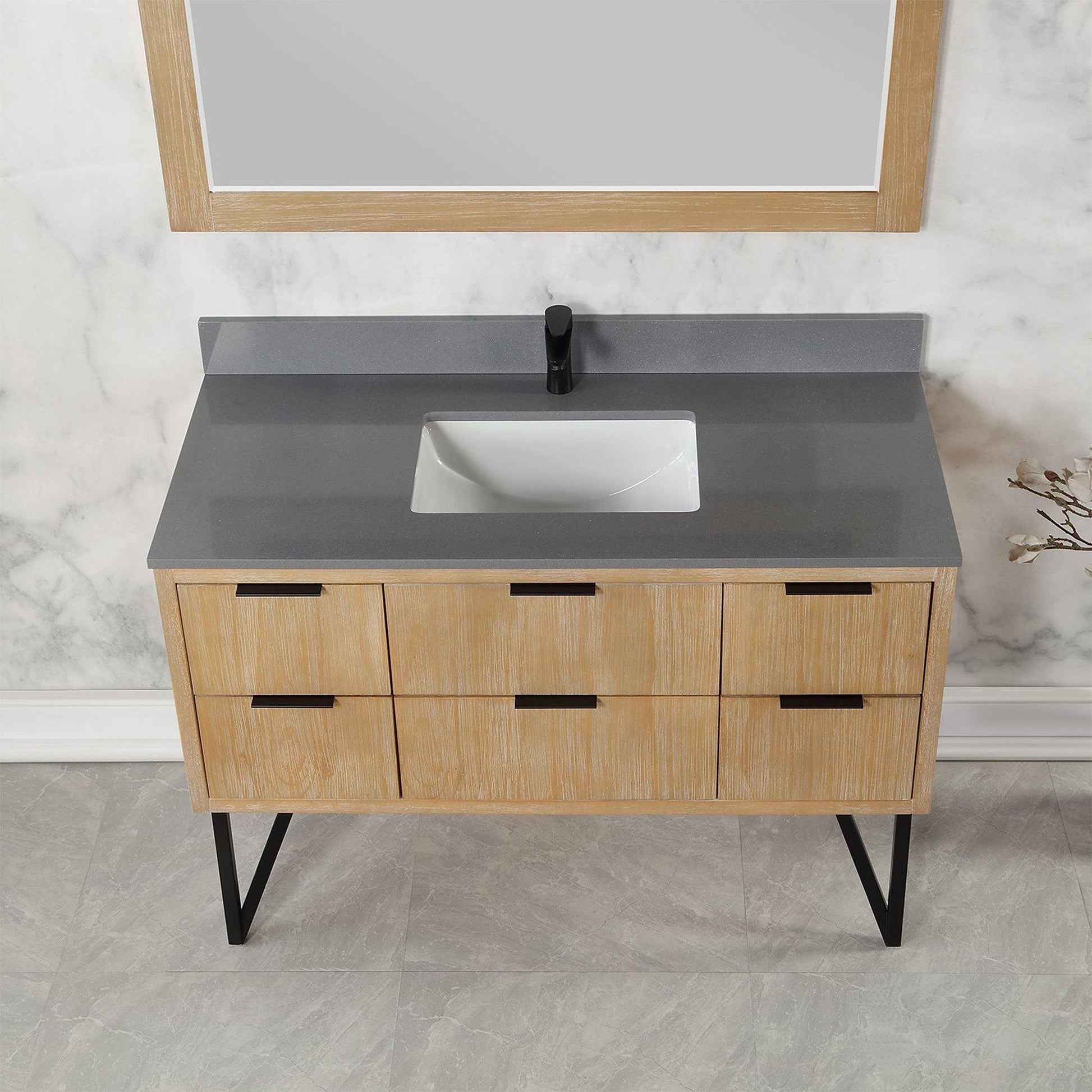 Altair Helios 48" Weathered Pine Freestanding Single Bathroom Vanity Set With Mirror, Concrete Gray Composite Stone Top, Single Rectangular Undermount Ceramic Sink, Overflow, and Backsplash