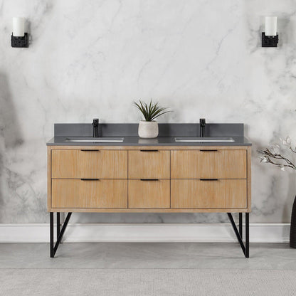 Altair Helios 60" Weathered Pine Freestanding Double Bathroom Vanity Set With Concrete Gray Composite Stone Top, Double Rectangular Undermount Ceramic Sinks, Overflow, and Backsplash