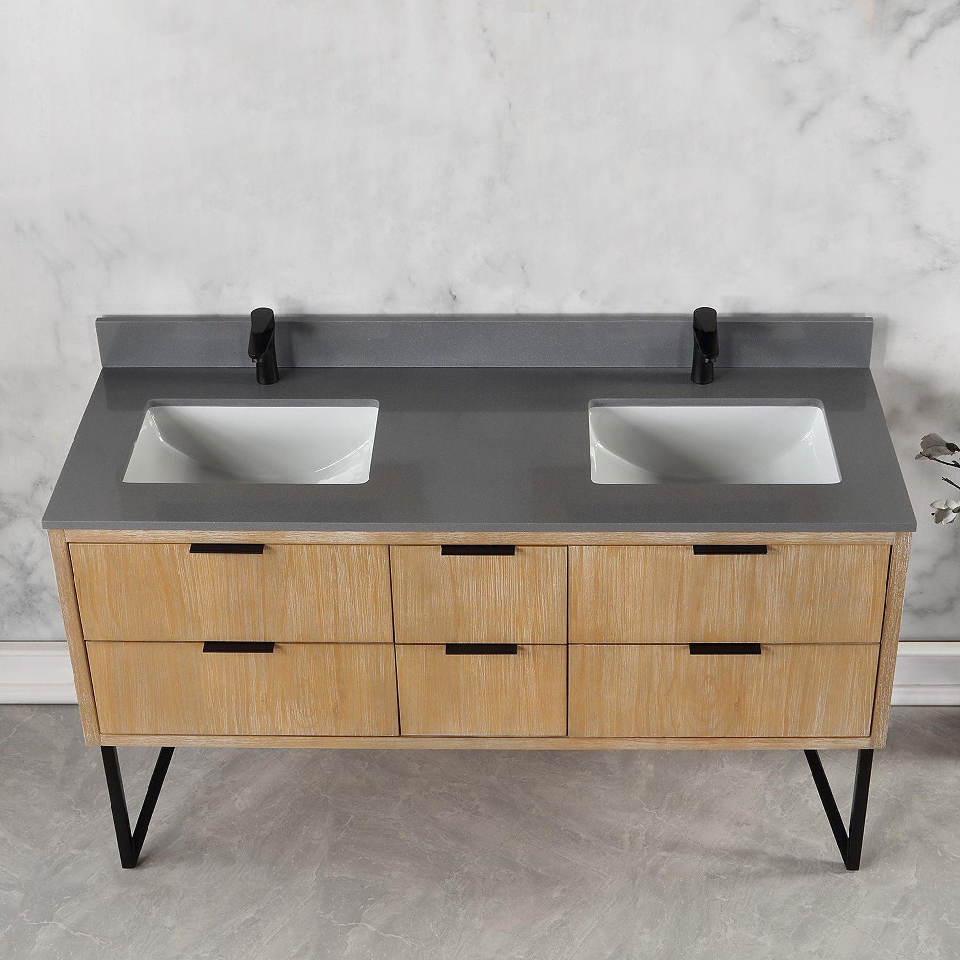 Altair Helios 60" Weathered Pine Freestanding Double Bathroom Vanity Set With Concrete Gray Composite Stone Top, Double Rectangular Undermount Ceramic Sinks, Overflow, and Backsplash