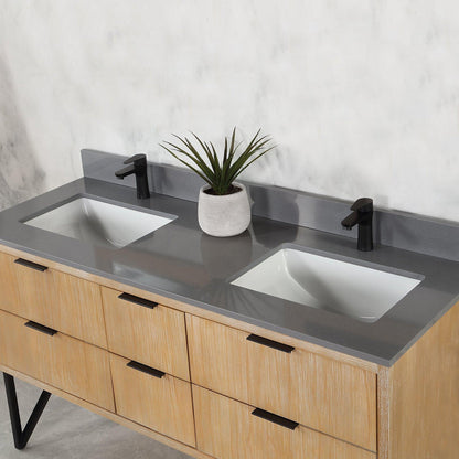 Altair Helios 60" Weathered Pine Freestanding Double Bathroom Vanity Set With Concrete Gray Composite Stone Top, Double Rectangular Undermount Ceramic Sinks, Overflow, and Backsplash