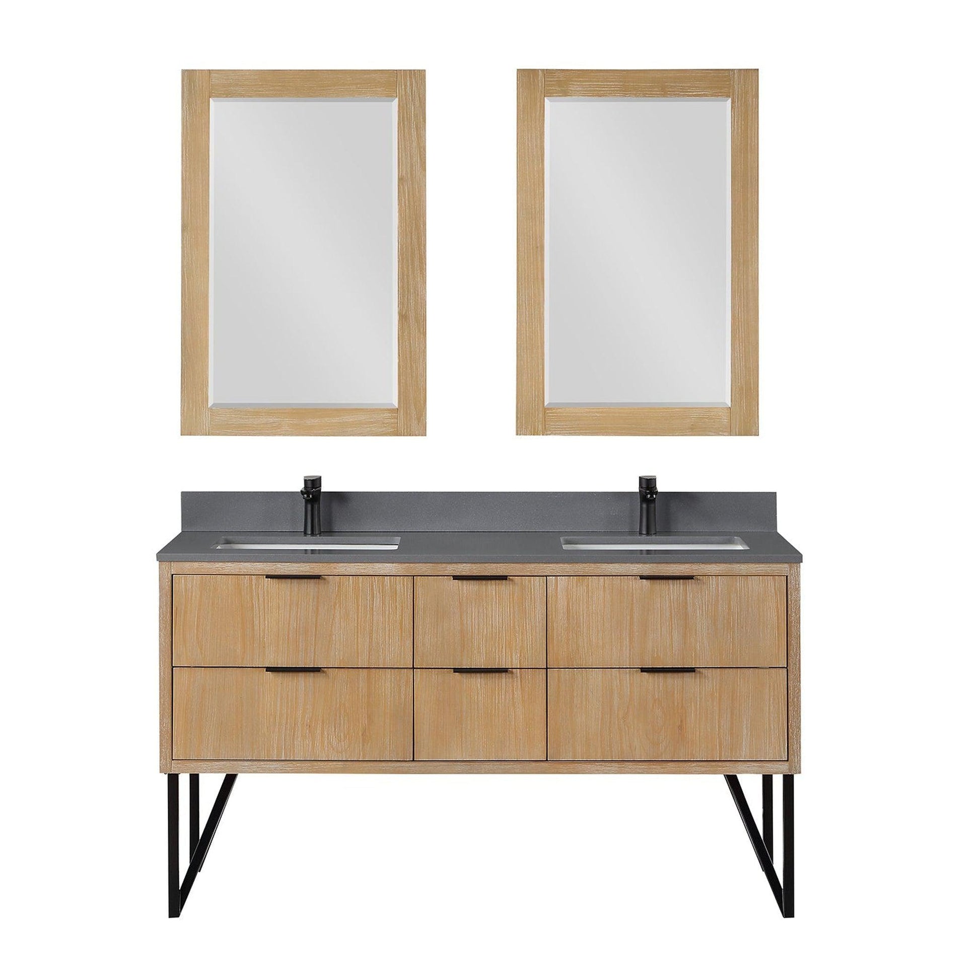 Altair Helios 60" Weathered Pine Freestanding Double Bathroom Vanity Set With Mirror, Concrete Gray Composite Stone Top, Double Rectangular Undermount Ceramic Sinks, Overflow, and Backsplash