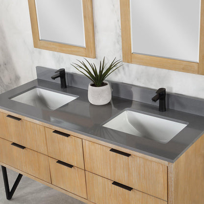 Altair Helios 60" Weathered Pine Freestanding Double Bathroom Vanity Set With Mirror, Concrete Gray Composite Stone Top, Double Rectangular Undermount Ceramic Sinks, Overflow, and Backsplash