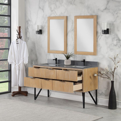 Altair Helios 60" Weathered Pine Freestanding Double Bathroom Vanity Set With Mirror, Concrete Gray Composite Stone Top, Double Rectangular Undermount Ceramic Sinks, Overflow, and Backsplash