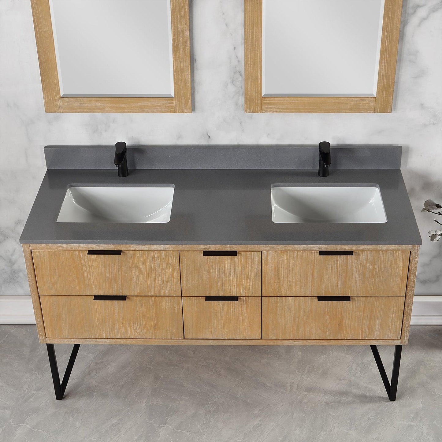 Altair Helios 60" Weathered Pine Freestanding Double Bathroom Vanity Set With Mirror, Concrete Gray Composite Stone Top, Double Rectangular Undermount Ceramic Sinks, Overflow, and Backsplash