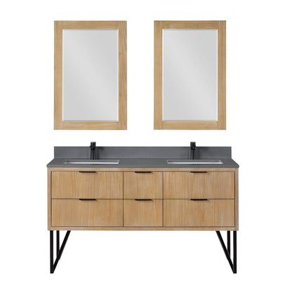 Altair Helios 60" Weathered Pine Freestanding Double Bathroom Vanity Set With Mirror, Concrete Gray Composite Stone Top, Double Rectangular Undermount Ceramic Sinks, Overflow, and Backsplash