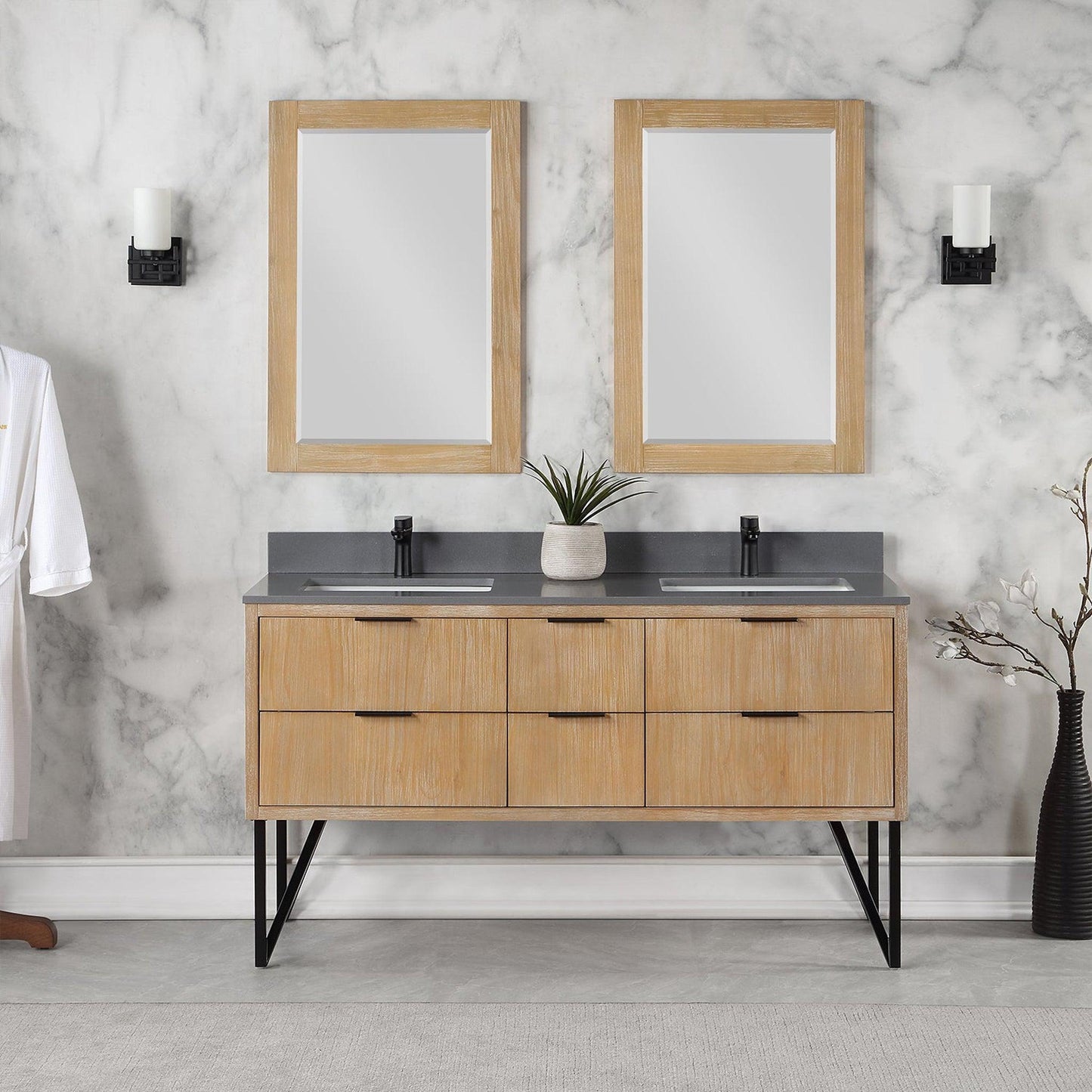 Altair Helios 60" Weathered Pine Freestanding Double Bathroom Vanity Set With Mirror, Concrete Gray Composite Stone Top, Double Rectangular Undermount Ceramic Sinks, Overflow, and Backsplash