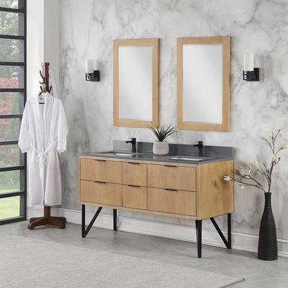 Altair Helios 60" Weathered Pine Freestanding Double Bathroom Vanity Set With Mirror, Concrete Gray Composite Stone Top, Double Rectangular Undermount Ceramic Sinks, Overflow, and Backsplash