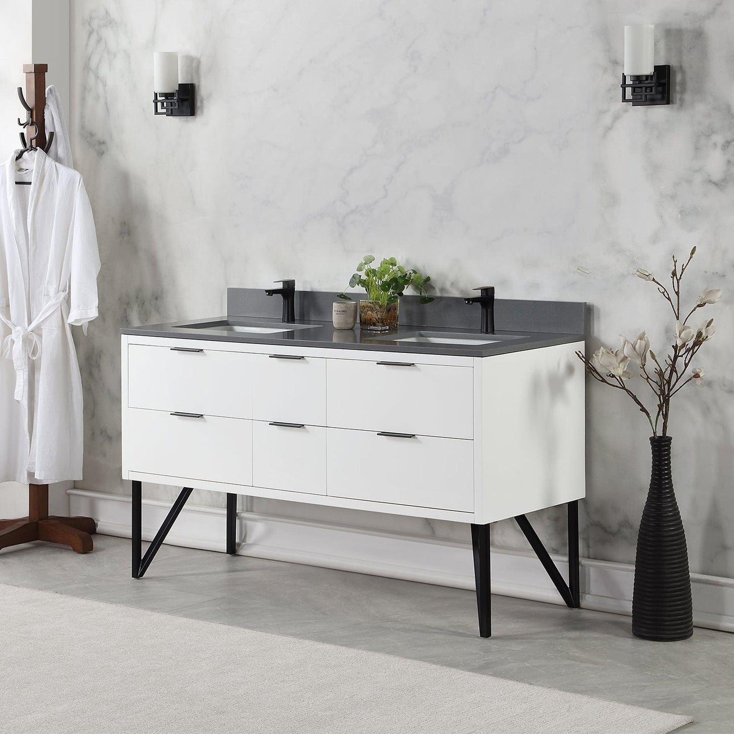 Altair Helios 60" White Freestanding Double Bathroom Vanity Set With Concrete Gray Composite Stone Top, Double Rectangular Undermount Ceramic Sinks, Overflow, and Backsplash