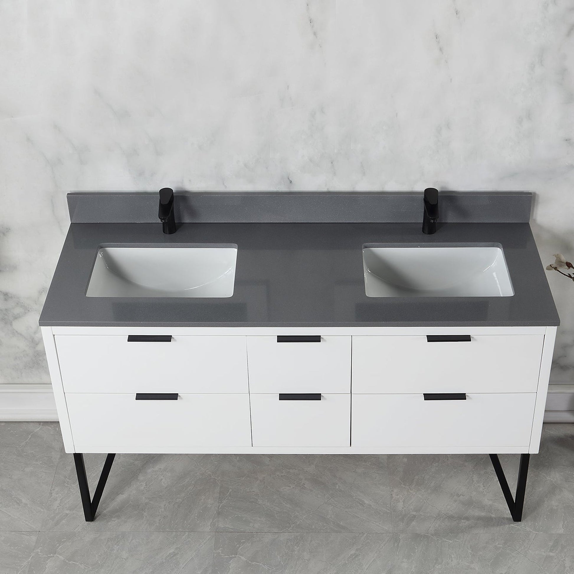 Altair Helios 60" White Freestanding Double Bathroom Vanity Set With Concrete Gray Composite Stone Top, Double Rectangular Undermount Ceramic Sinks, Overflow, and Backsplash