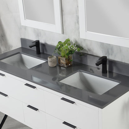 Altair Helios 60" White Freestanding Double Bathroom Vanity Set With Mirror, Concrete Gray Composite Stone Top, Double Rectangular Undermount Ceramic Sinks, Overflow, and Backsplash