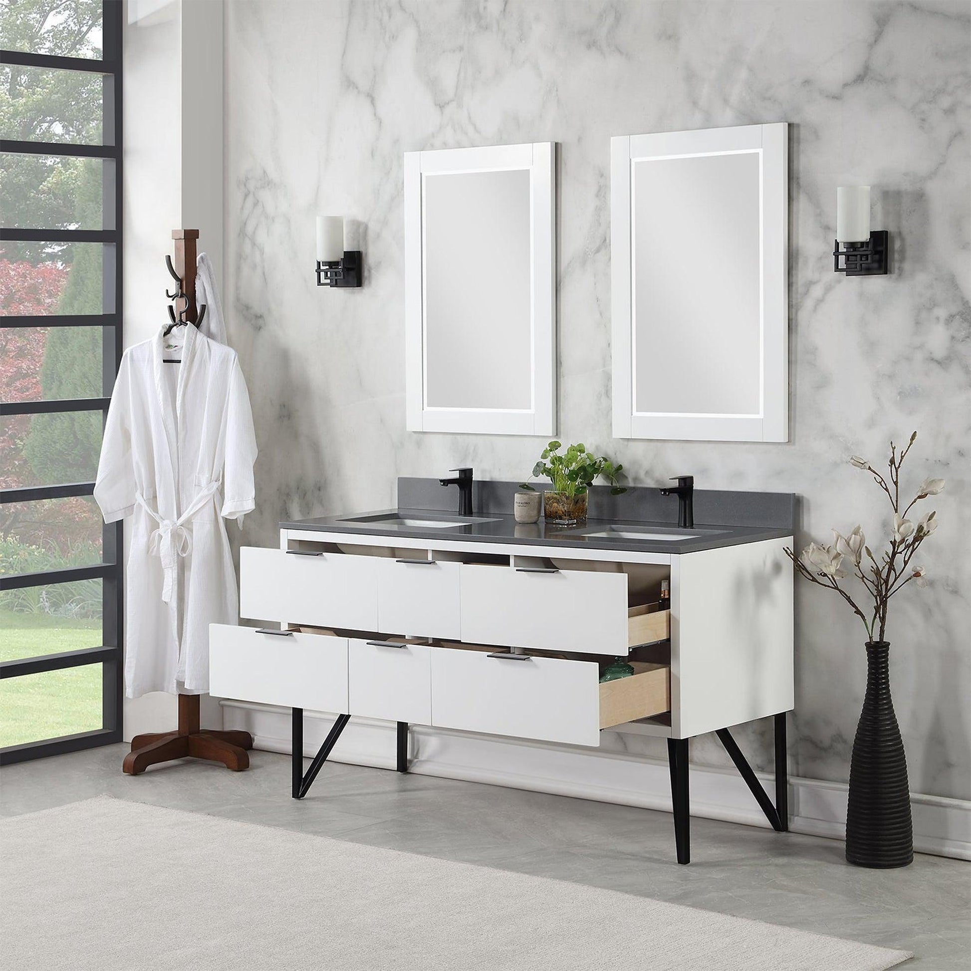 Altair Helios 60" White Freestanding Double Bathroom Vanity Set With Mirror, Concrete Gray Composite Stone Top, Double Rectangular Undermount Ceramic Sinks, Overflow, and Backsplash