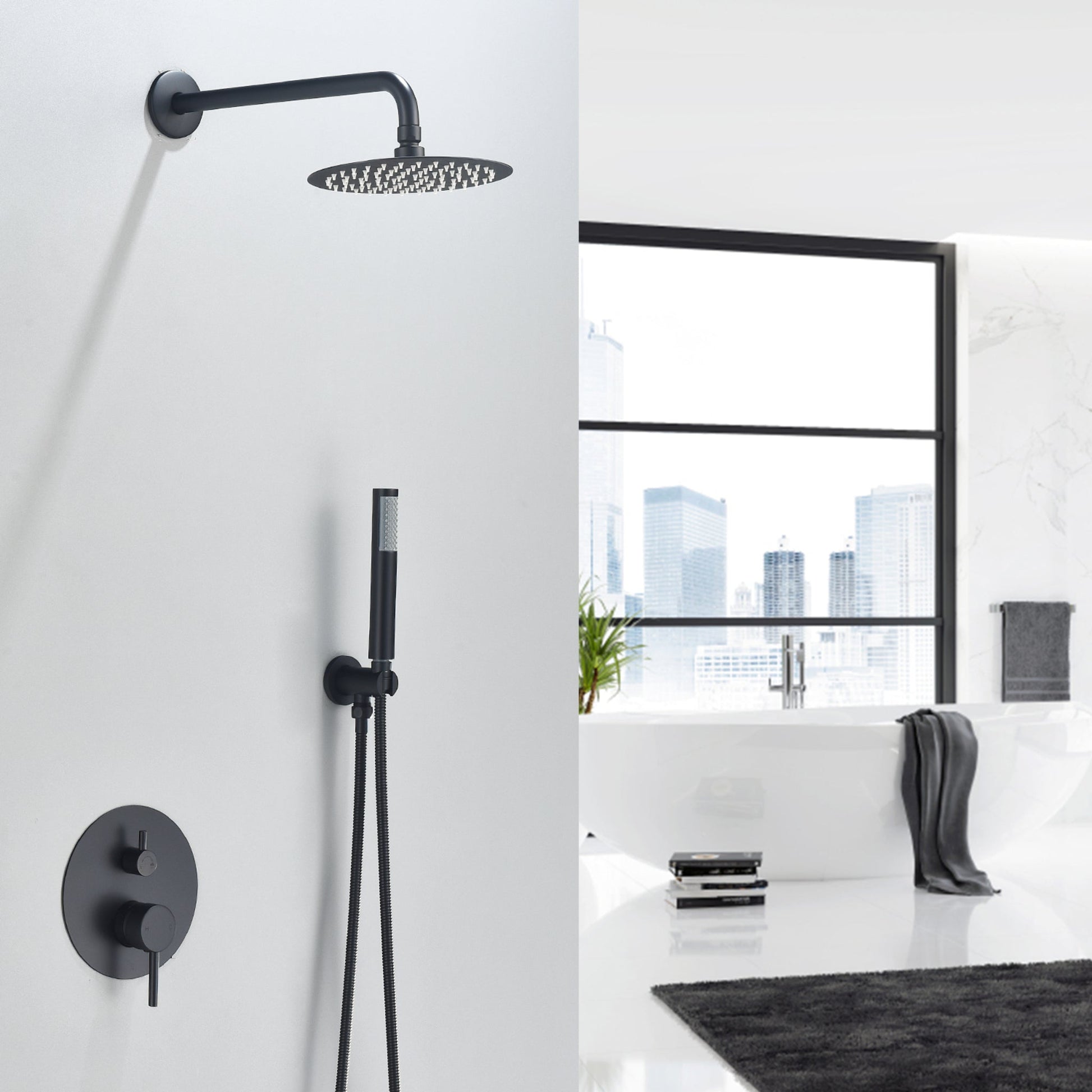 Altair Herne Matte Black Complete Shower System With 8" Round Rain Shower Head and Rough-In Valve