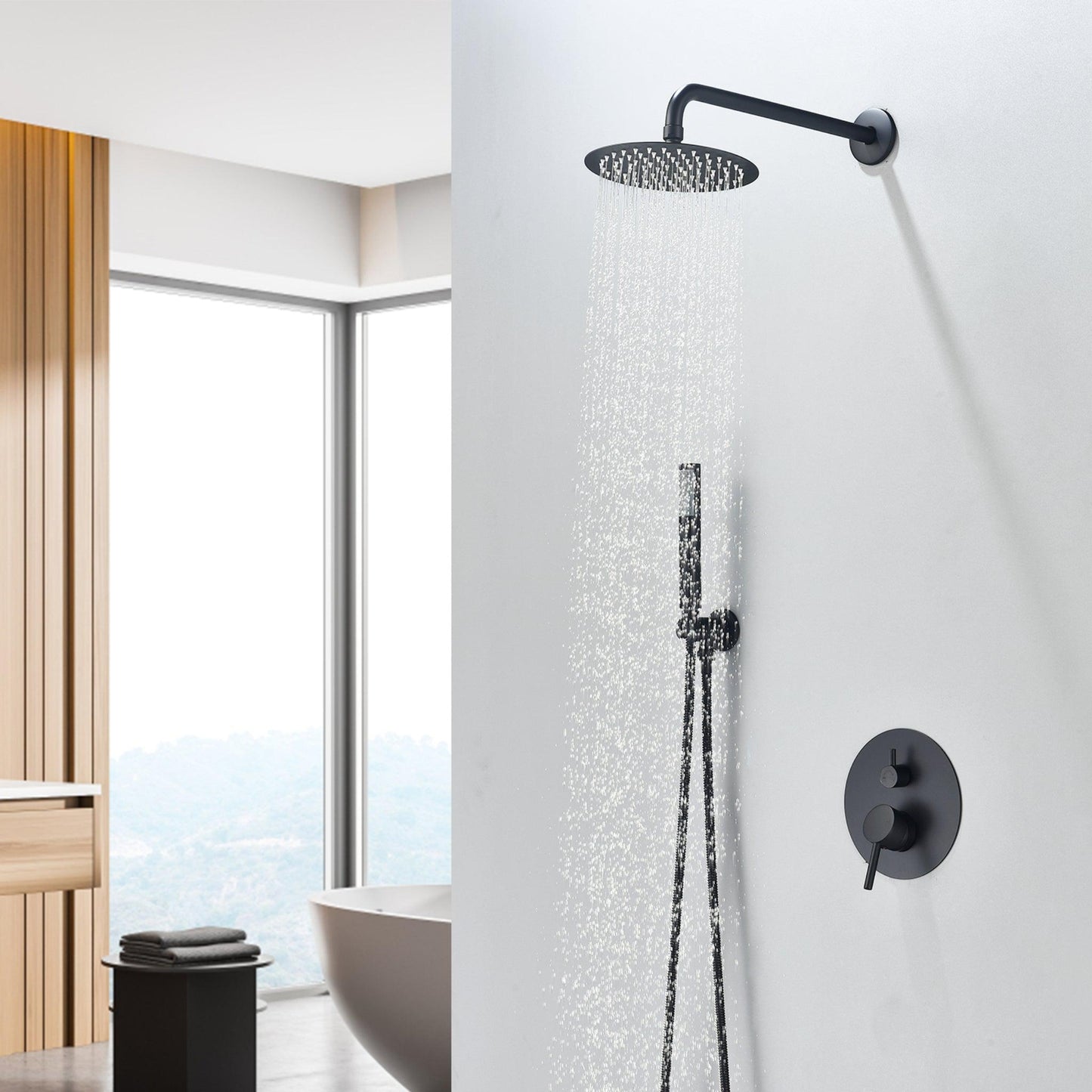 Altair Herne Matte Black Complete Shower System With 8" Round Rain Shower Head and Rough-In Valve