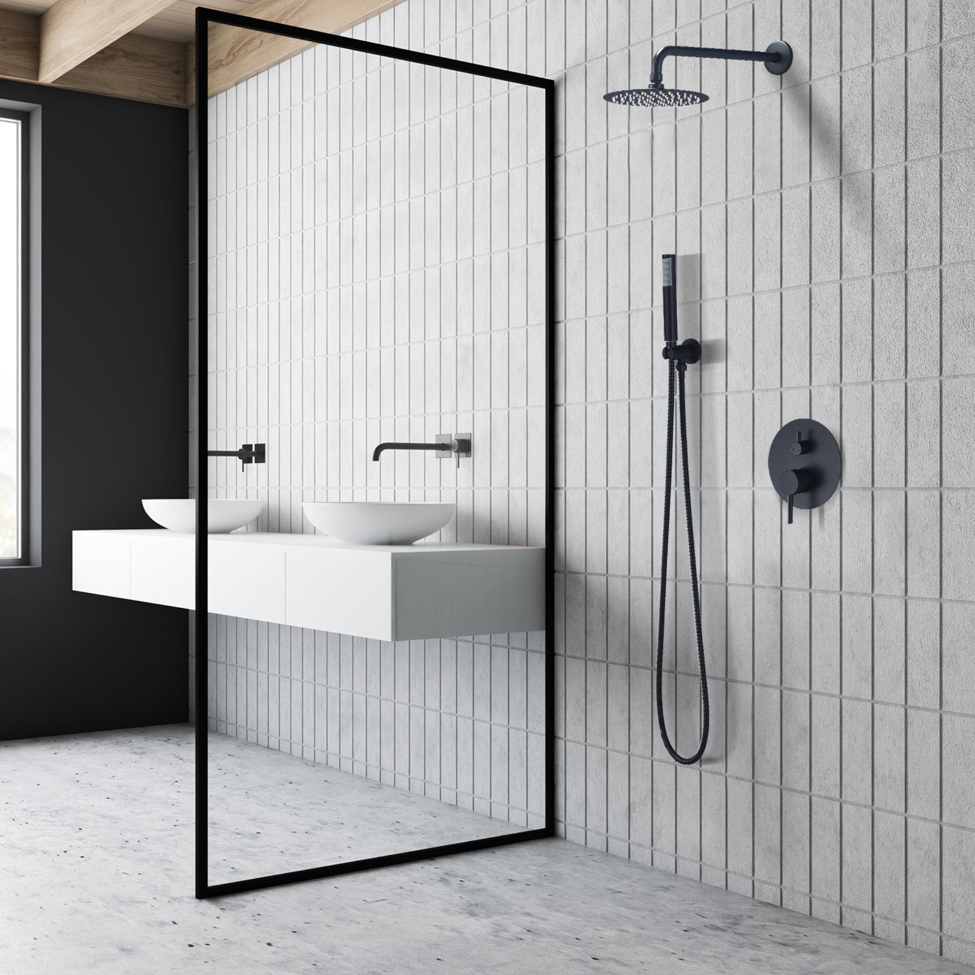 Altair Herne Matte Black Complete Shower System With 8" Round Rain Shower Head and Rough-In Valve