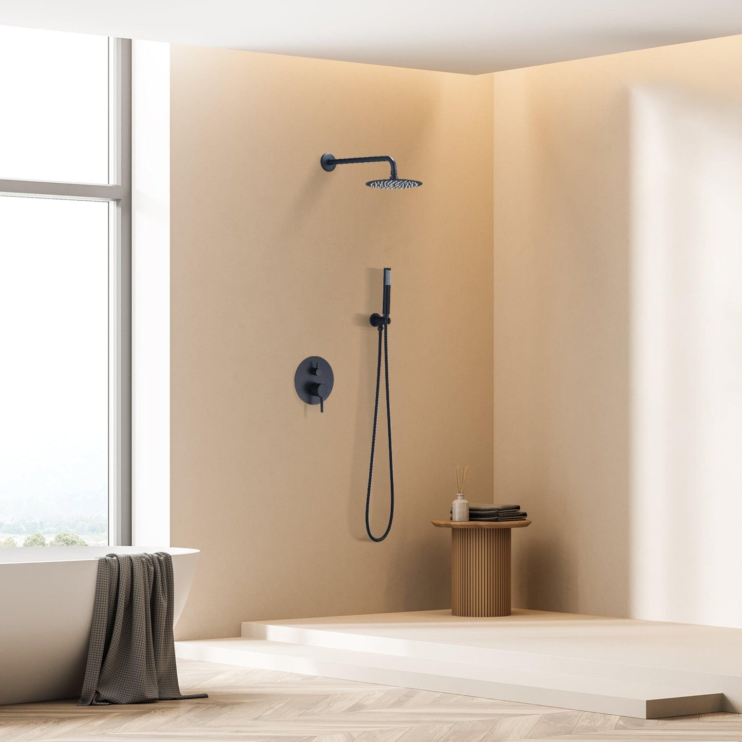 Altair Herne Matte Black Complete Shower System With 8" Round Rain Shower Head and Rough-In Valve