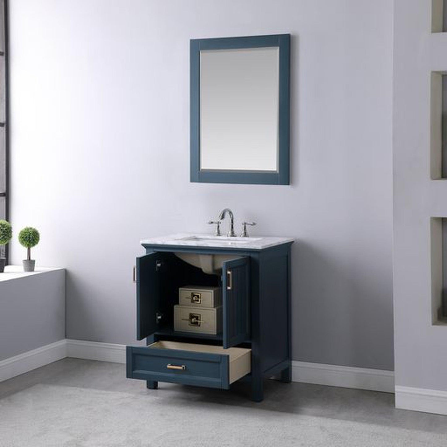 Altair Isla 30" Single Classic Blue Freestanding Bathroom Vanity Set With Mirror, Natural Carrara White Marble Top, Rectangular Undermount Ceramic Sink, and Overflow