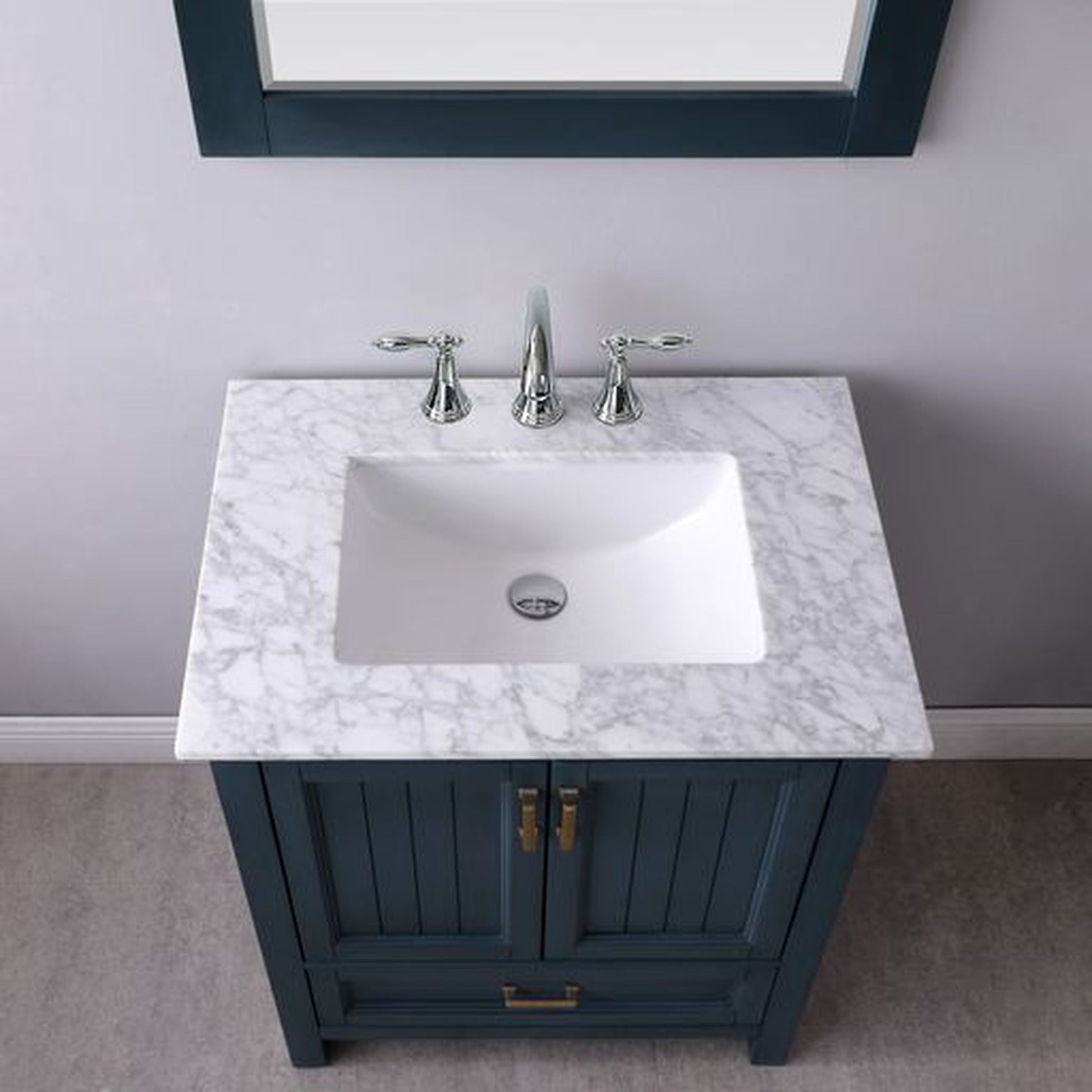 Altair Isla 30" Single Classic Blue Freestanding Bathroom Vanity Set With Mirror, Natural Carrara White Marble Top, Rectangular Undermount Ceramic Sink, and Overflow