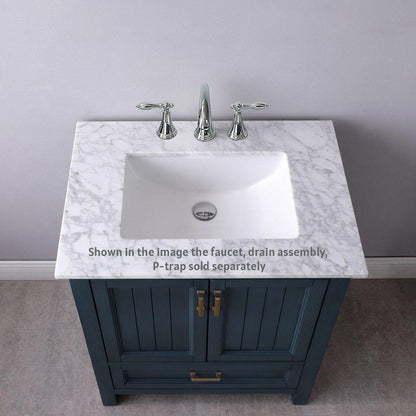 Altair Isla 30" Single Classic Blue Freestanding Bathroom Vanity Set With Natural Carrara White Marble Top, Rectangular Undermount Ceramic Sink, and Overflow
