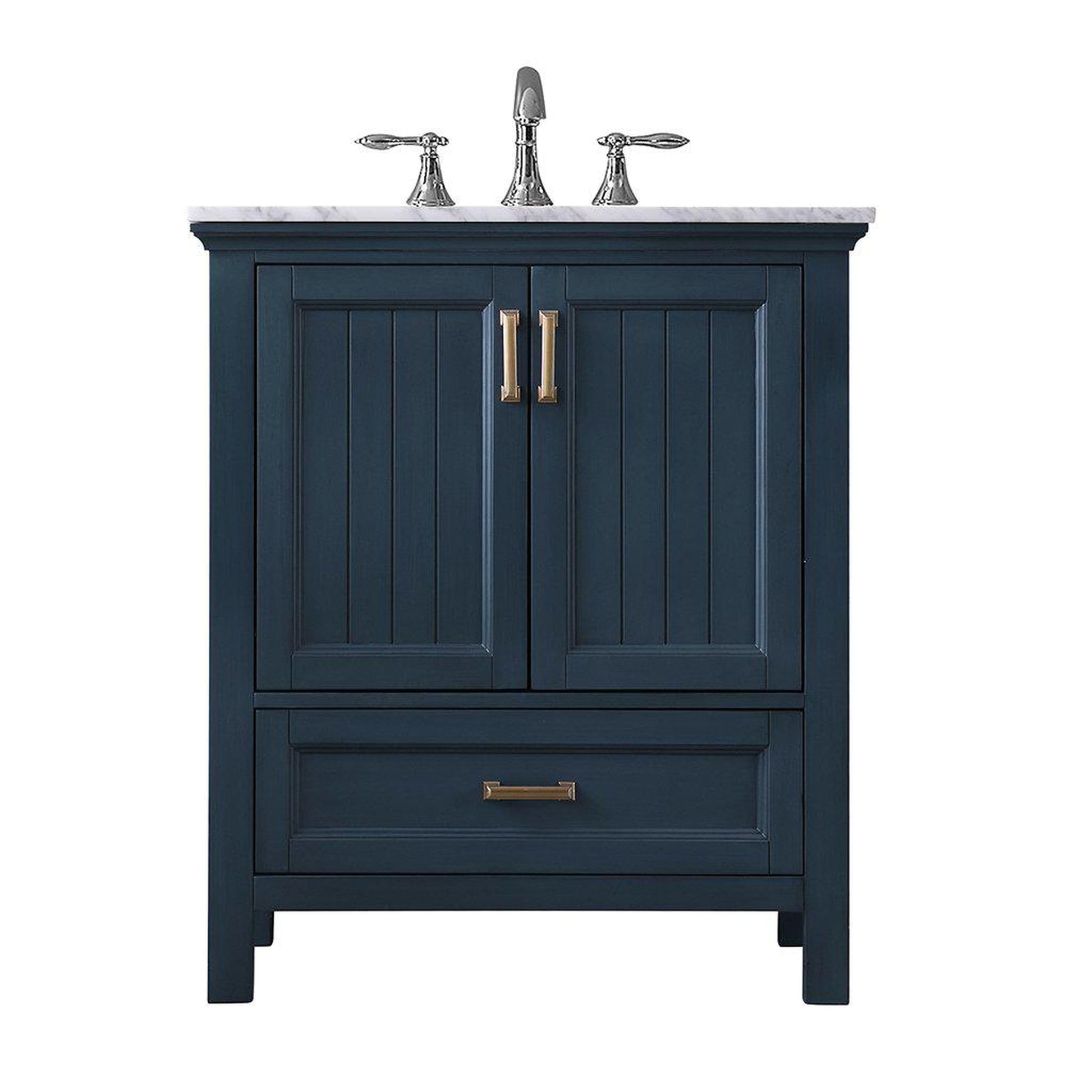 Altair Isla 30" Single Classic Blue Freestanding Bathroom Vanity Set With Natural Carrara White Marble Top, Rectangular Undermount Ceramic Sink, and Overflow