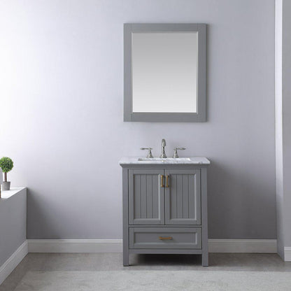 Altair Isla 30" Single Gray Freestanding Bathroom Vanity Set With Mirror, Natural Carrara White Marble Top, Rectangular Undermount Ceramic Sink, and Overflow