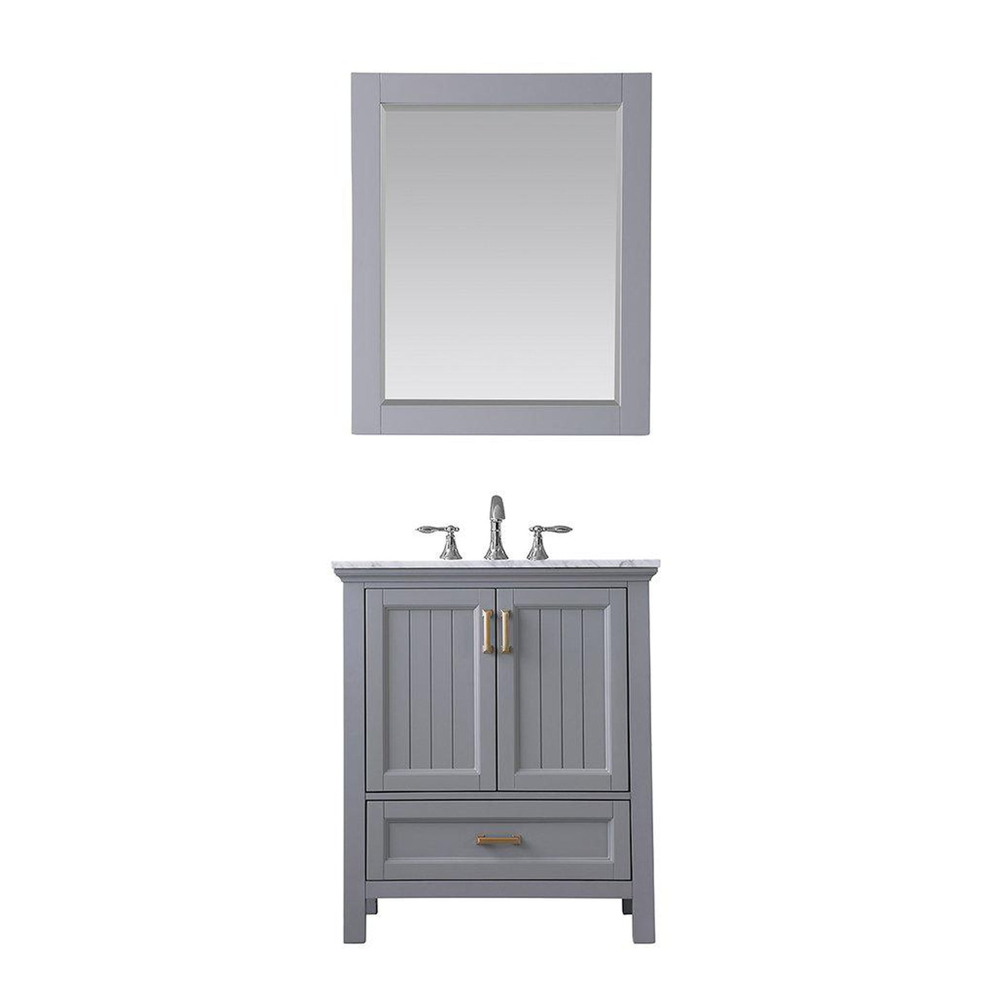 Altair Isla 30" Single Gray Freestanding Bathroom Vanity Set With Mirror, Natural Carrara White Marble Top, Rectangular Undermount Ceramic Sink, and Overflow