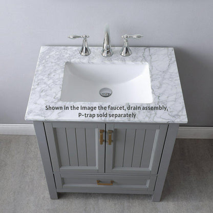 Altair Isla 30" Single Gray Freestanding Bathroom Vanity Set With Natural Carrara White Marble Top, Rectangular Undermount Ceramic Sink, and Overflow