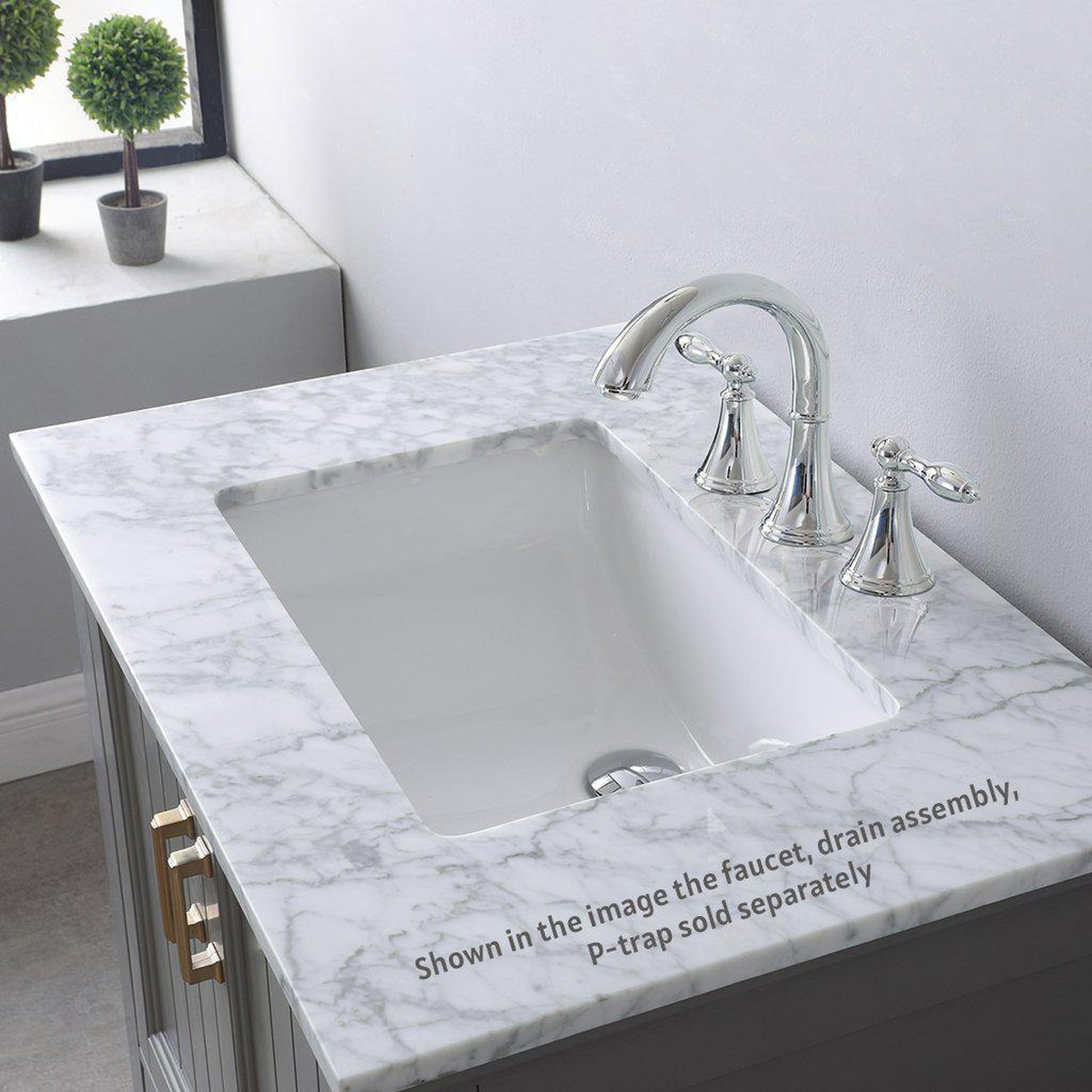 Altair Isla 30" Single Gray Freestanding Bathroom Vanity Set With Natural Carrara White Marble Top, Rectangular Undermount Ceramic Sink, and Overflow