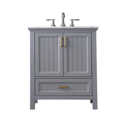 Altair Isla 30" Single Gray Freestanding Bathroom Vanity Set With Natural Carrara White Marble Top, Rectangular Undermount Ceramic Sink, and Overflow