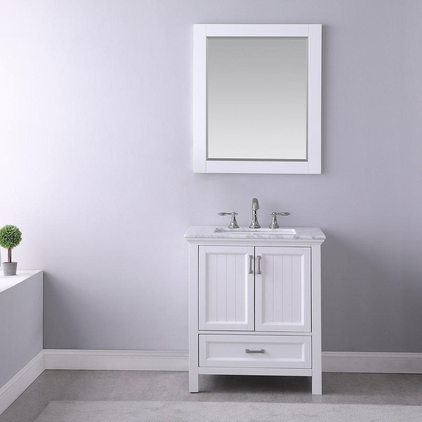 Altair Isla 30" Single White Freestanding Bathroom Vanity Set With Mirror, Natural Carrara White Marble Top, Rectangular Undermount Ceramic Sink, and Overflow