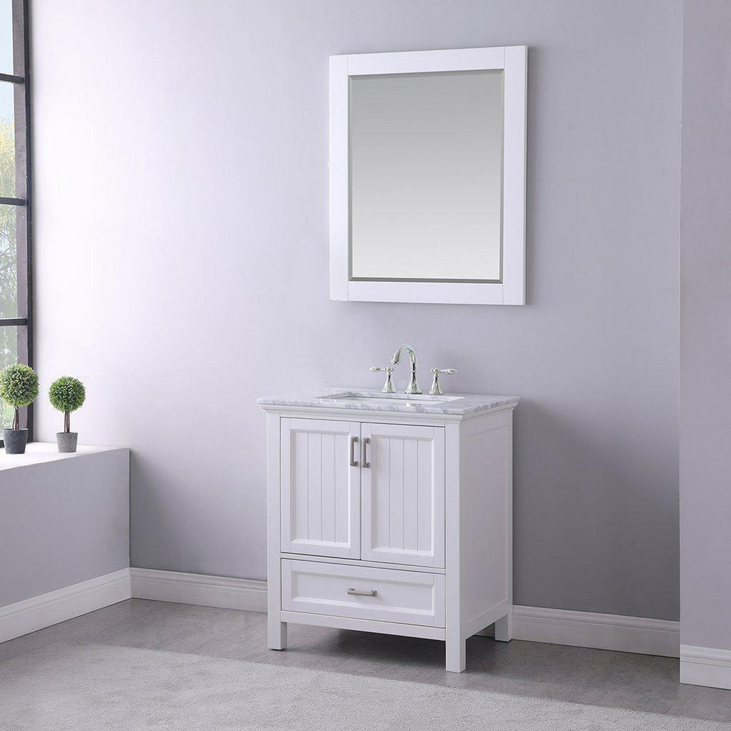 Altair Isla 30" Single White Freestanding Bathroom Vanity Set With Mirror, Natural Carrara White Marble Top, Rectangular Undermount Ceramic Sink, and Overflow