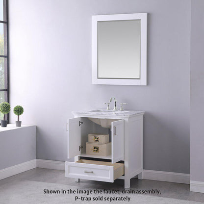 Altair Isla 30" Single White Freestanding Bathroom Vanity Set With Mirror, Natural Carrara White Marble Top, Rectangular Undermount Ceramic Sink, and Overflow