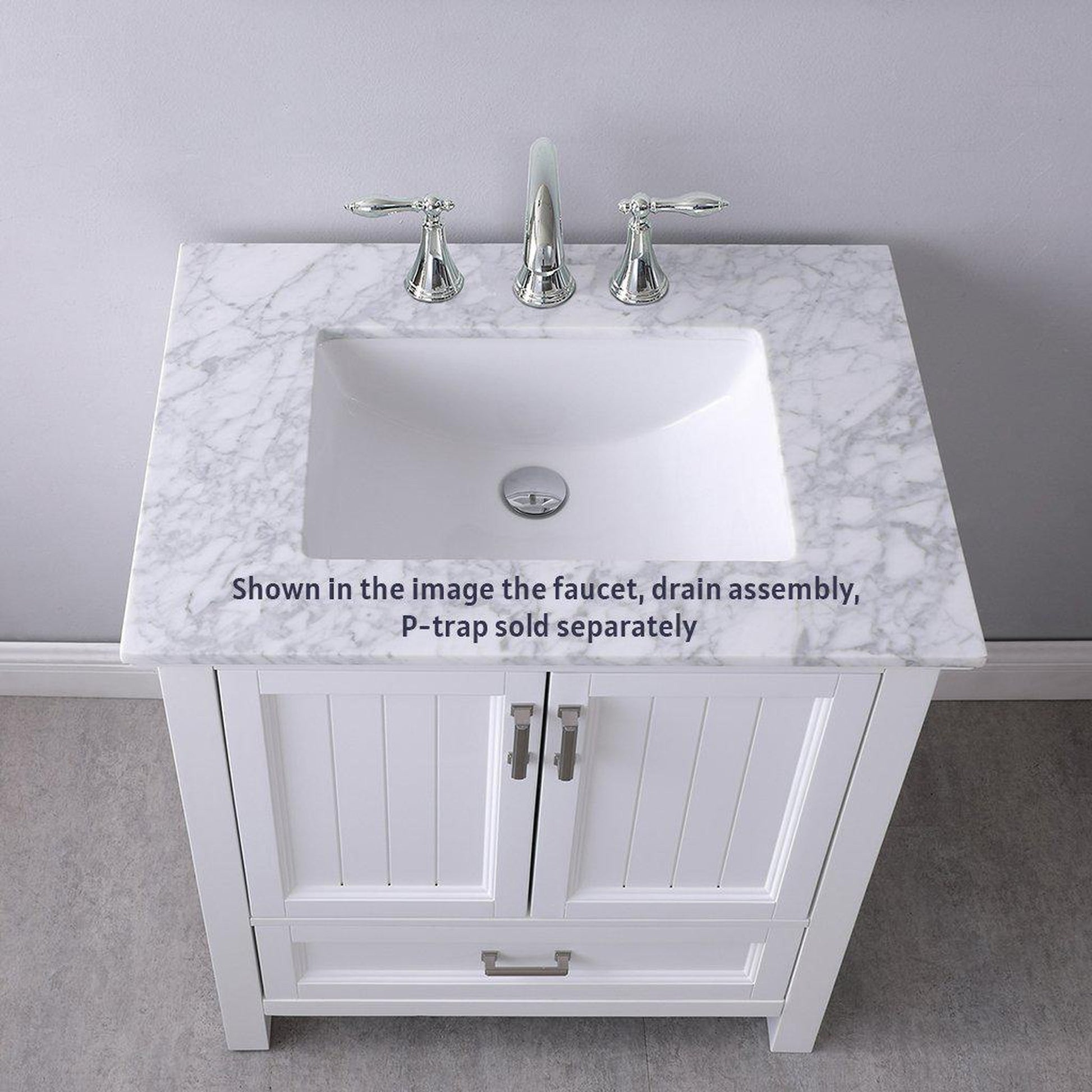 Altair Isla 30" Single White Freestanding Bathroom Vanity Set With Mirror, Natural Carrara White Marble Top, Rectangular Undermount Ceramic Sink, and Overflow