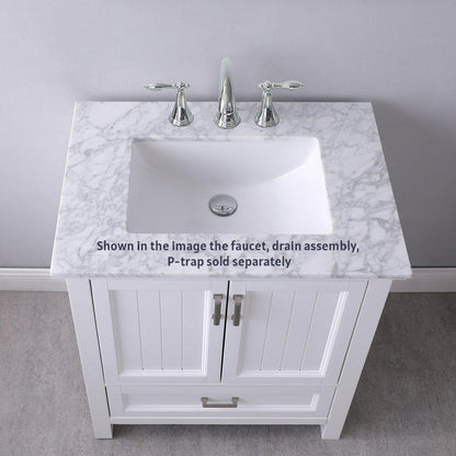 Altair Isla 30" Single White Freestanding Bathroom Vanity Set With Mirror, Natural Carrara White Marble Top, Rectangular Undermount Ceramic Sink, and Overflow
